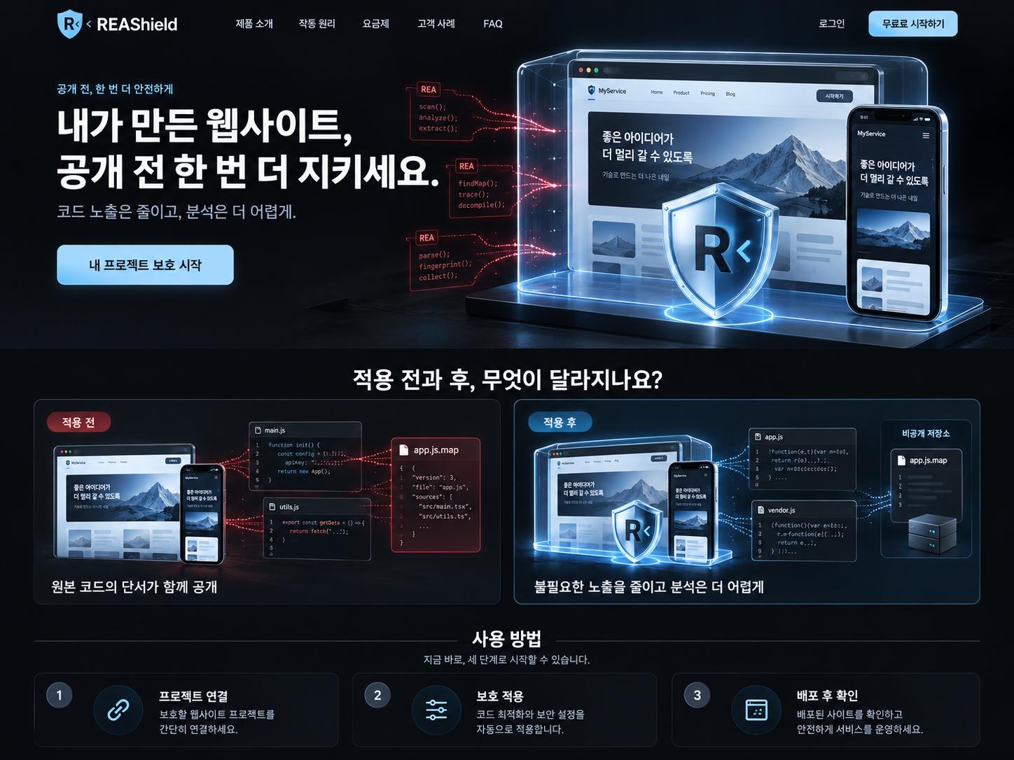승인된 시안의 웹사이트와 모바일 웹 보호 이미지: 외부 REA 분석 흐름과 파란 REAShield 방패